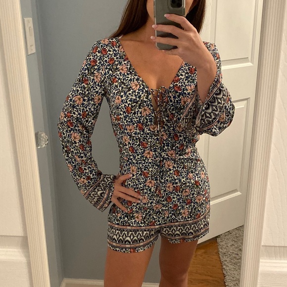 Sage Pants - Sage Floral Lace Up Romper